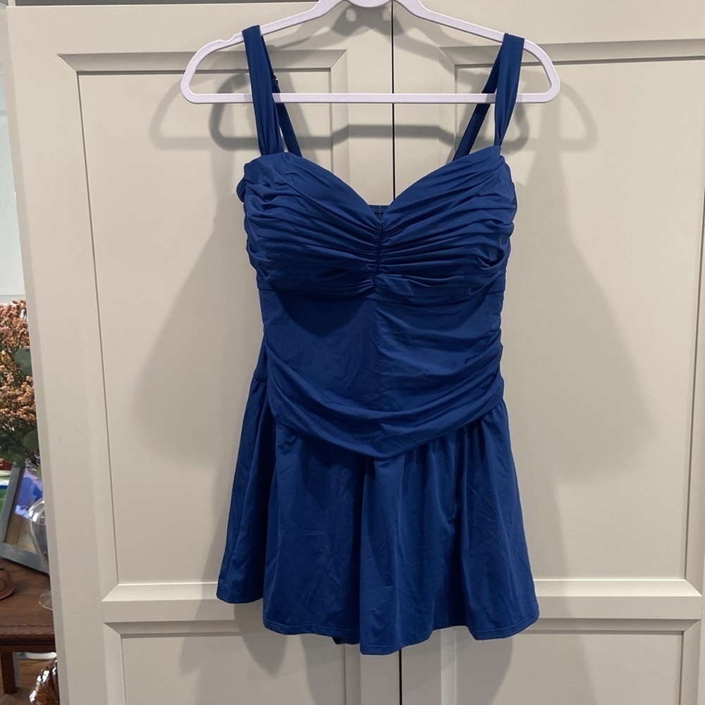 NWT Bleu by Rod Beattie Underwire Ruched One-Piece Swim Dress Swimsuit Blue16W